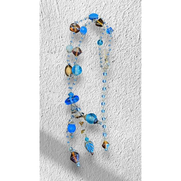 Treska Handcrafted Beaded Glass Necklace Blue & Amber Tones -25 - Picture 2 of 2